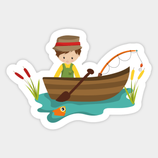 Fishing Boy, Fishing Rod, Fisherman, Brown Hair Sticker